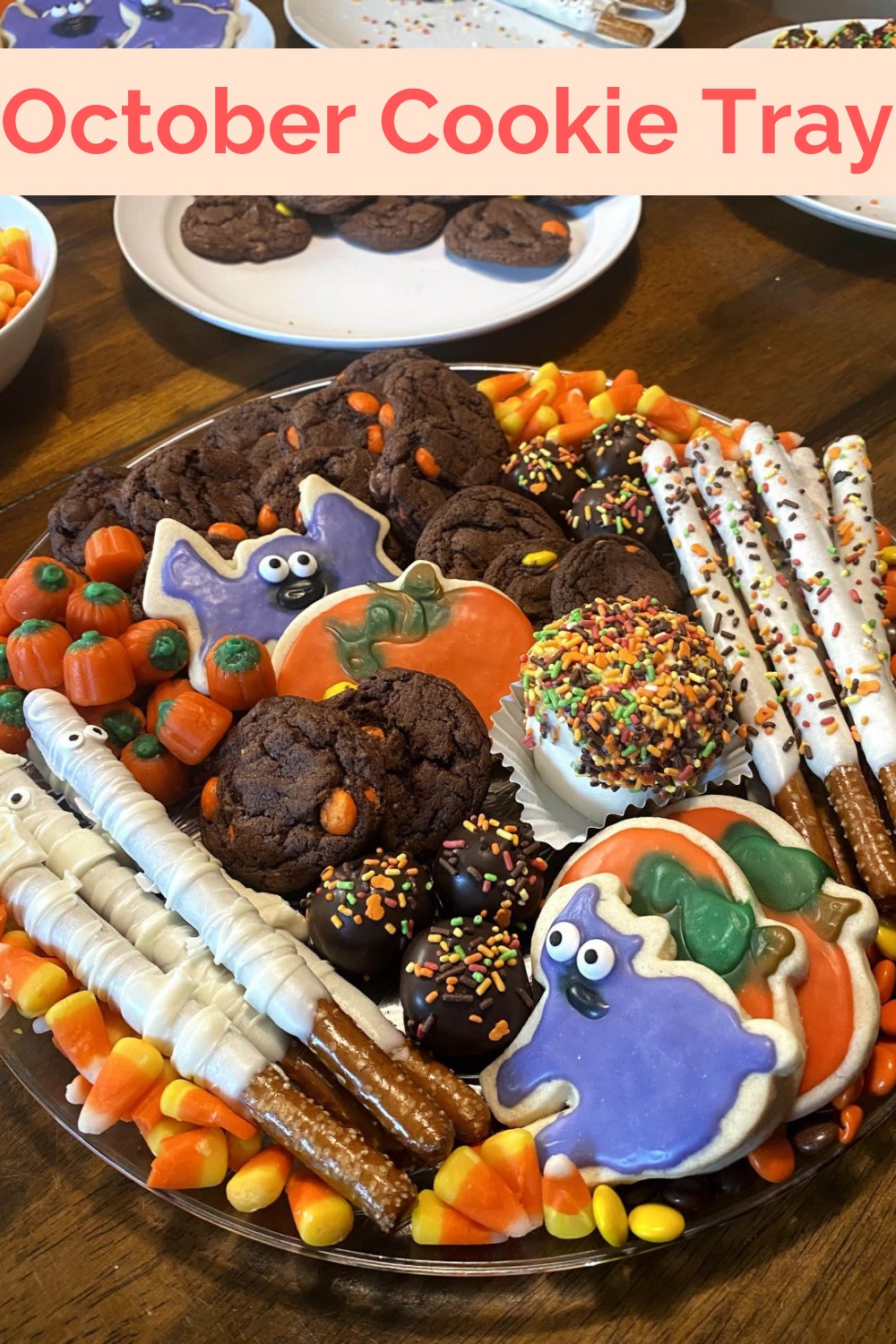 Halloween October Cookie tray with cookies, candy, chocolate-covered pretzels