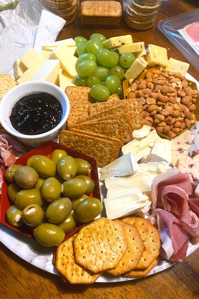 Close up image of a classic charcuterie board