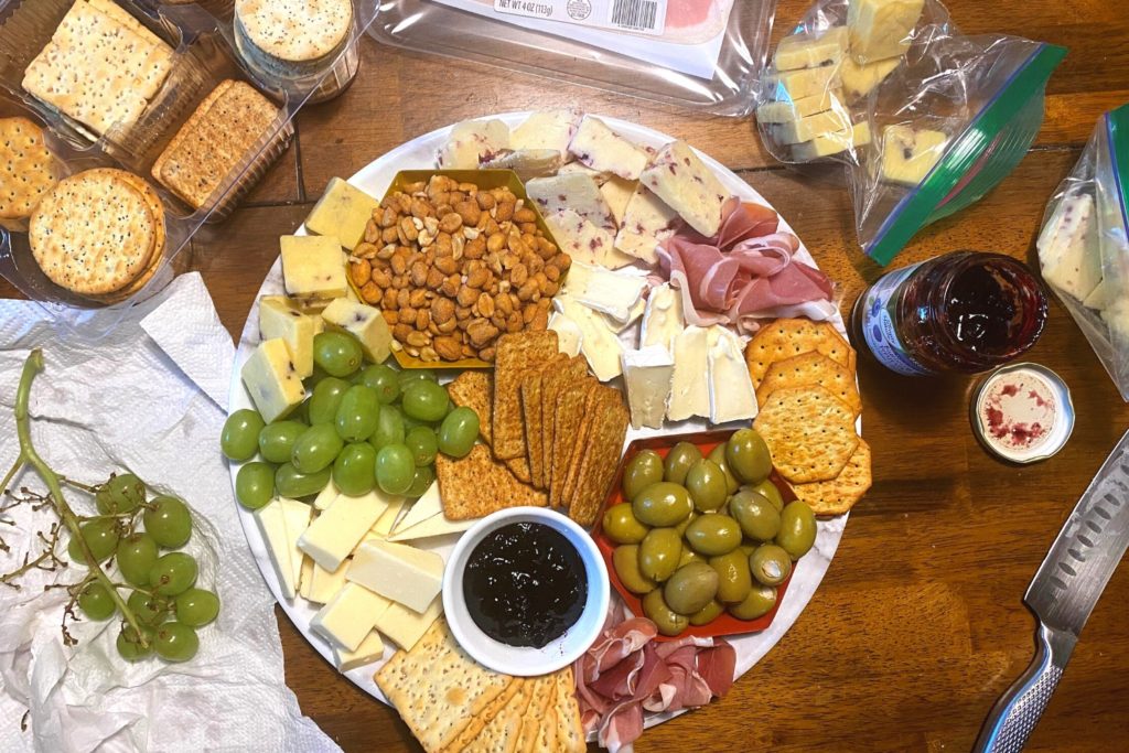 Horizontal image of a classic charcuterie board