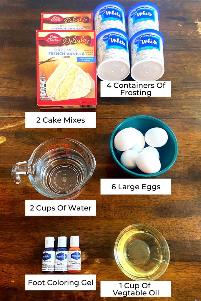 Rainbow Cupcake Cake Ingredients: Cake mix plus ingredients, frosting, and food coloring gel