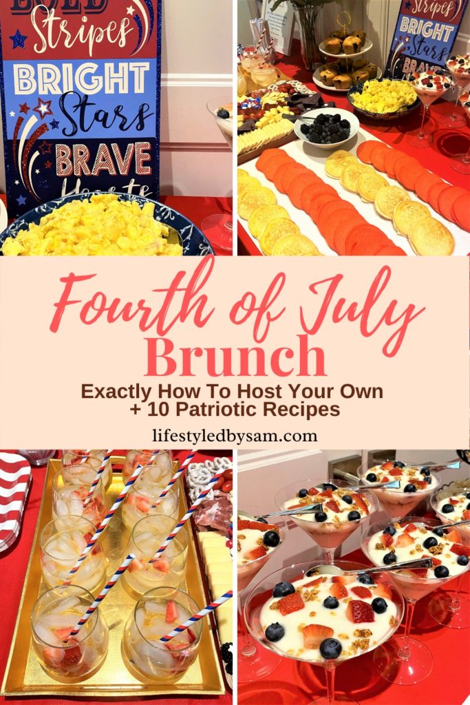 Fourth of July Brunch Pinterest Pin - Collage of eggs, pancakes, sangria, and patriotic yogurt parfaits