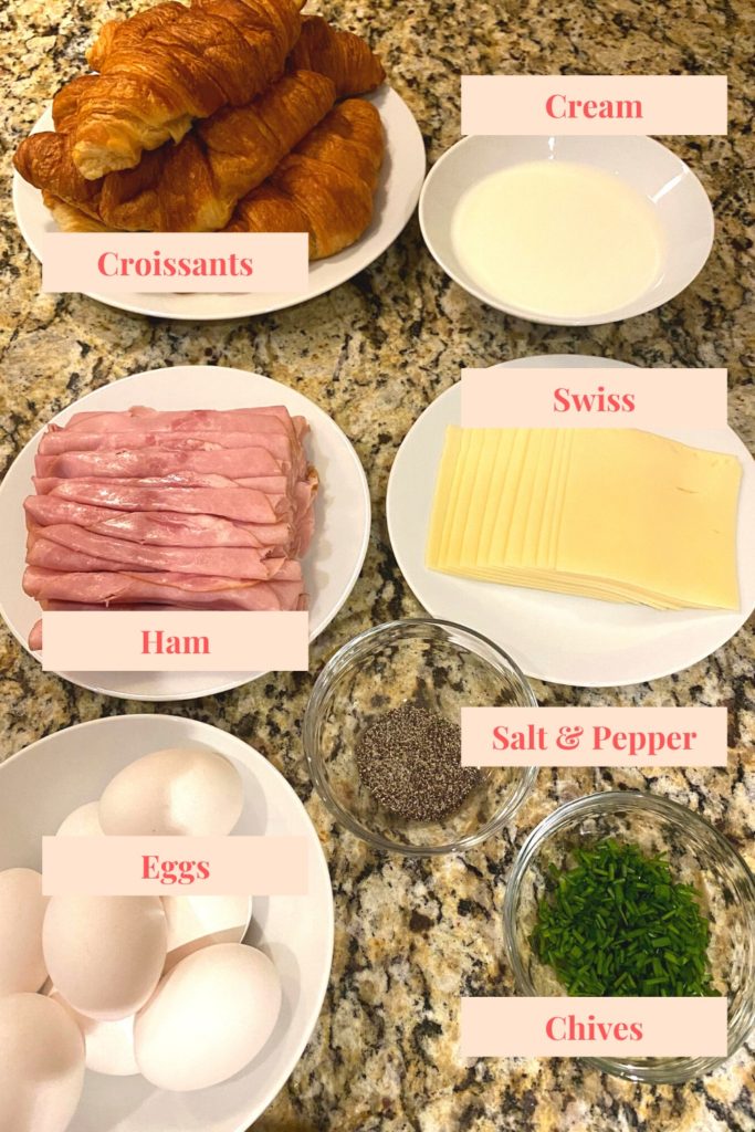 Recipe ingredients: Croissants, ham, cheese, cream, chives, salt, and pepper