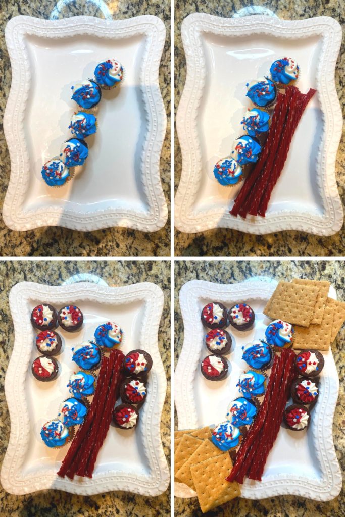 Collage of instructions 4-7 on how to assemble an easy patriotic dessert tray