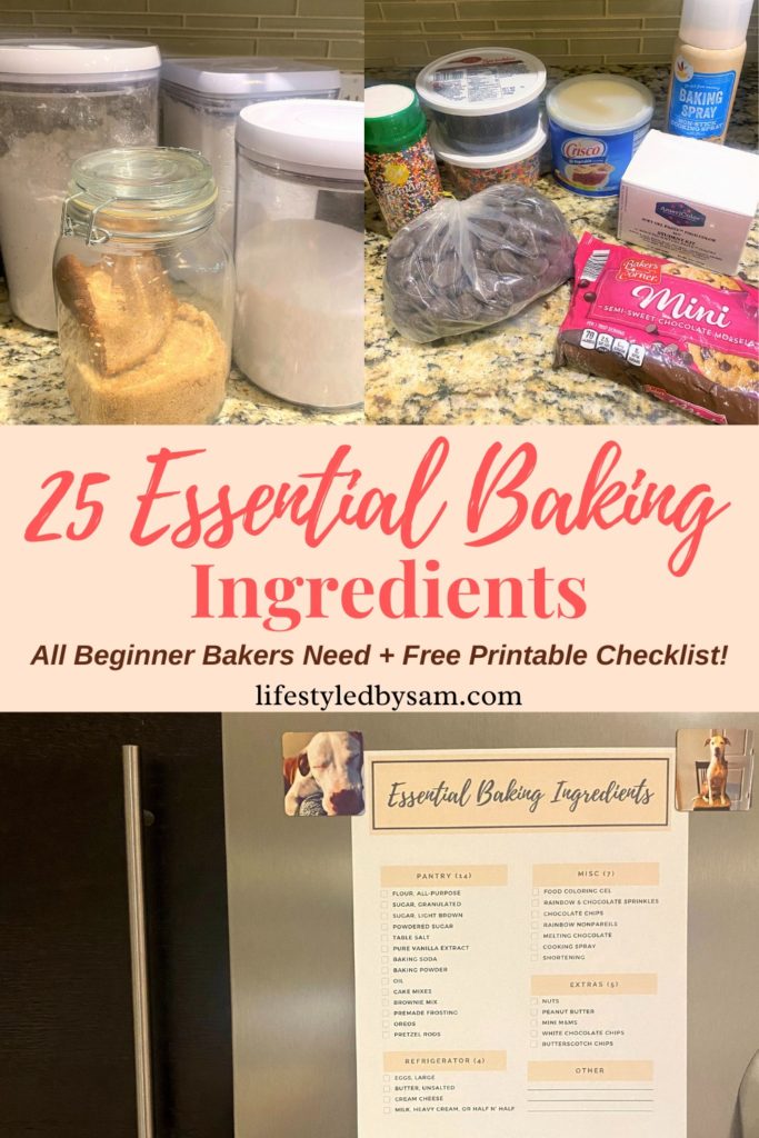 Pinterest pin of essential baking ingredients - collage of ingredients and checklist (2 images)