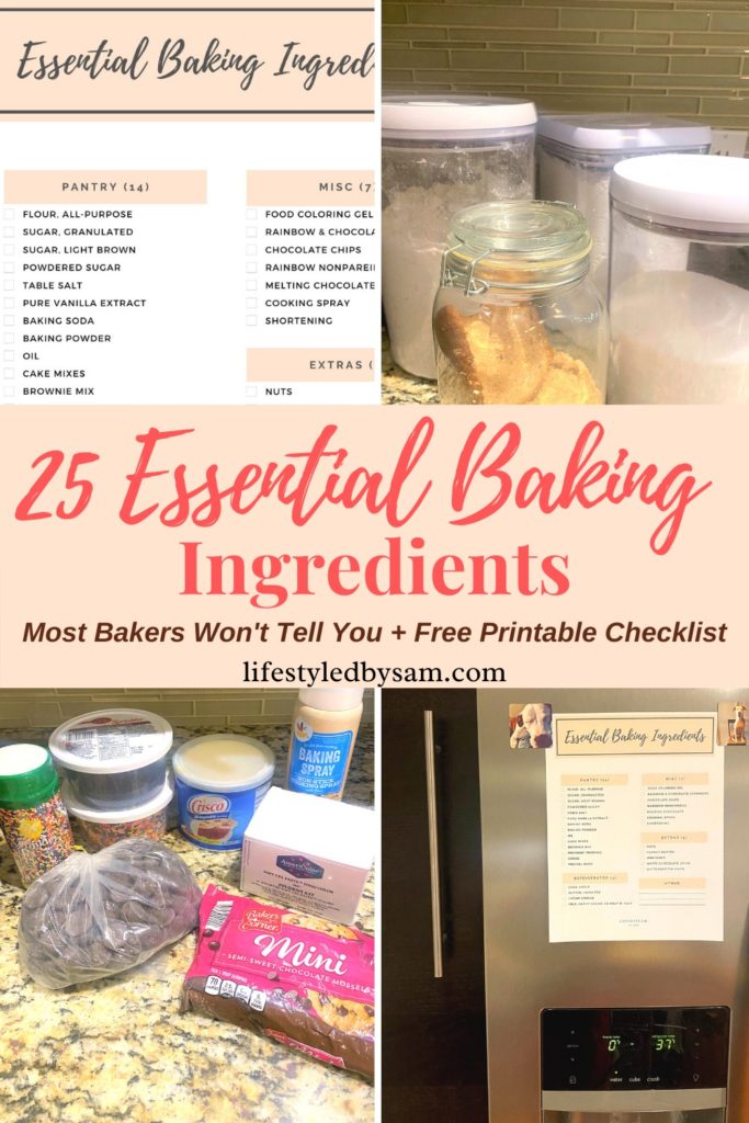 Pinterest pin of essential baking ingredients - collage of ingredients and checklist (4 images)