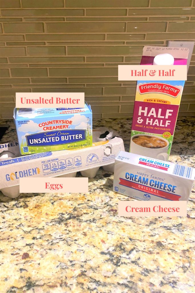 Baking essentials: butter, milk, cream cheese, butter