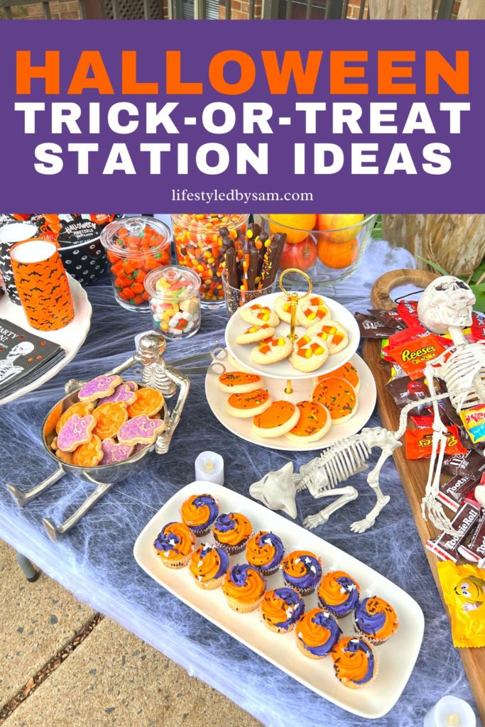 Pinterest Pin of A Halloween Trick or Treat Station Ideas