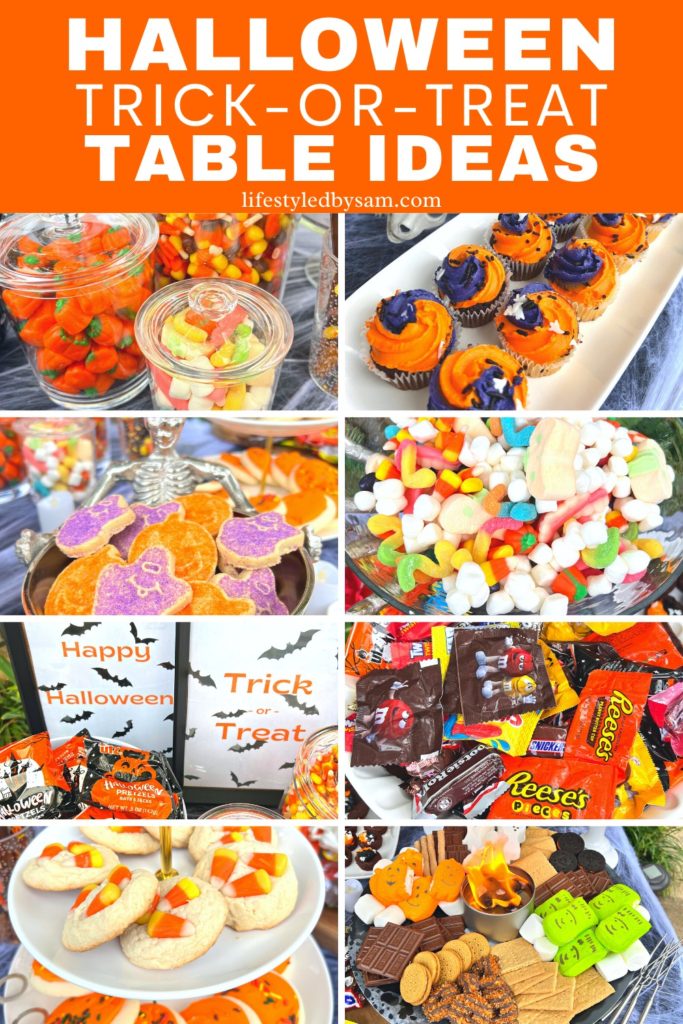 Pinterest Pin of 8 Halloween Trick Or Treat Table Ideas