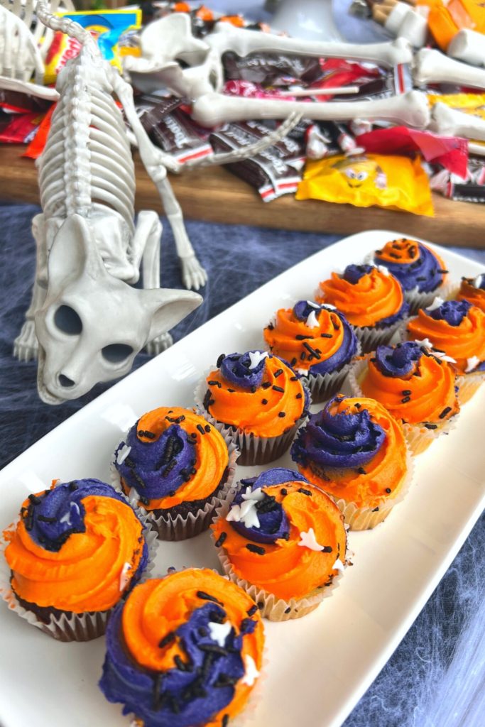 Mini Hallwoeen cupcakes with orange and purple frosting