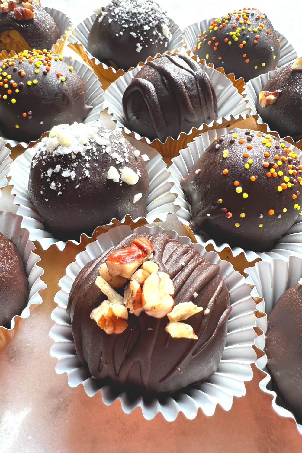 Close up and angeled image of pumpkin pie truffles