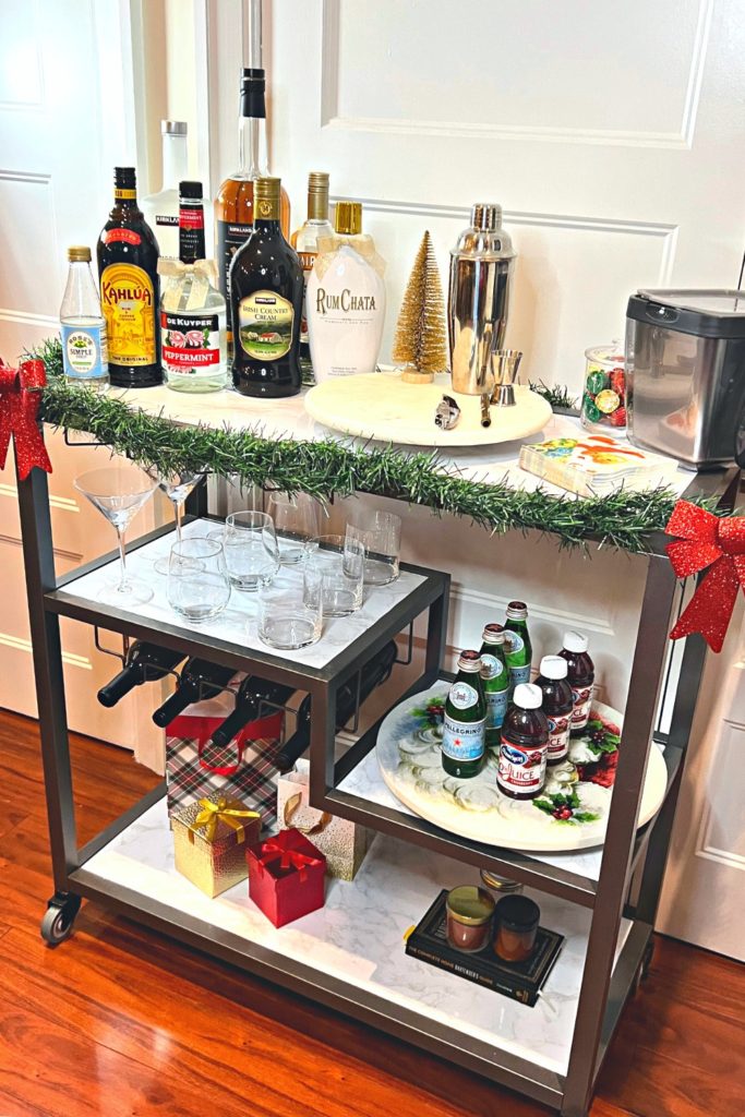 Side view of a classic Christmas Bar Cart