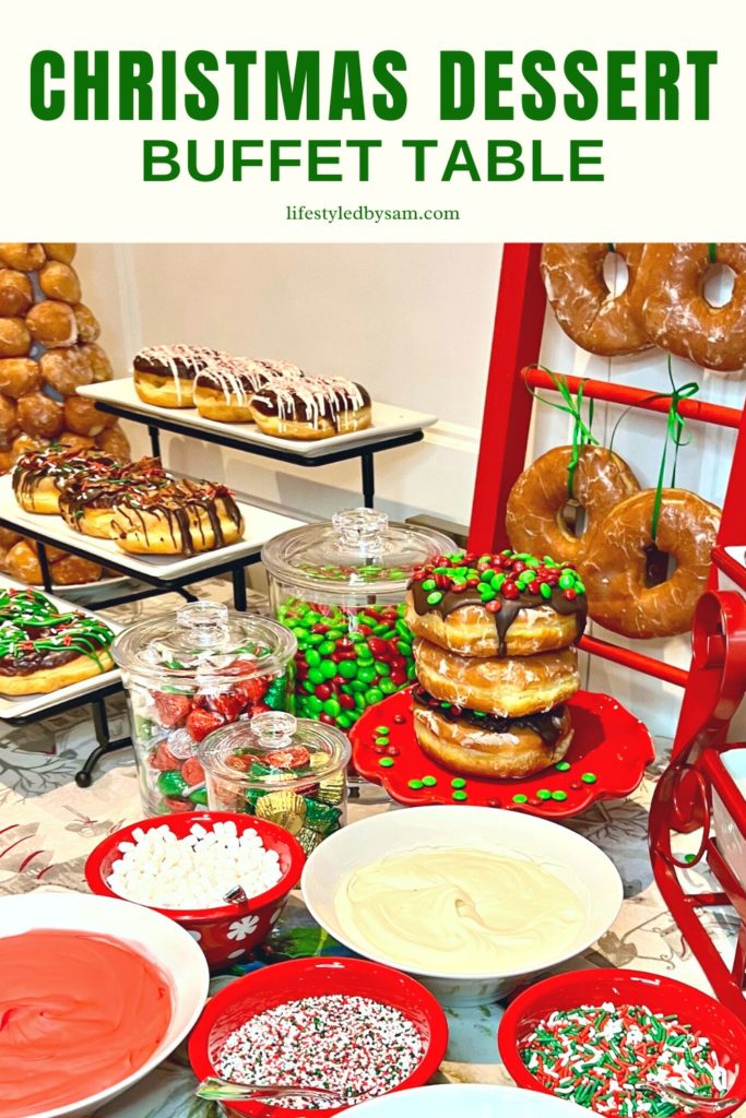 Pinterest pin of a Christmas dessert buffet table